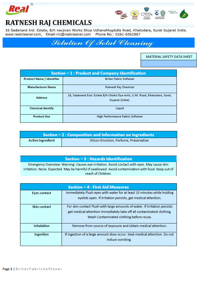 Britec Fabric Softner MSDS Report