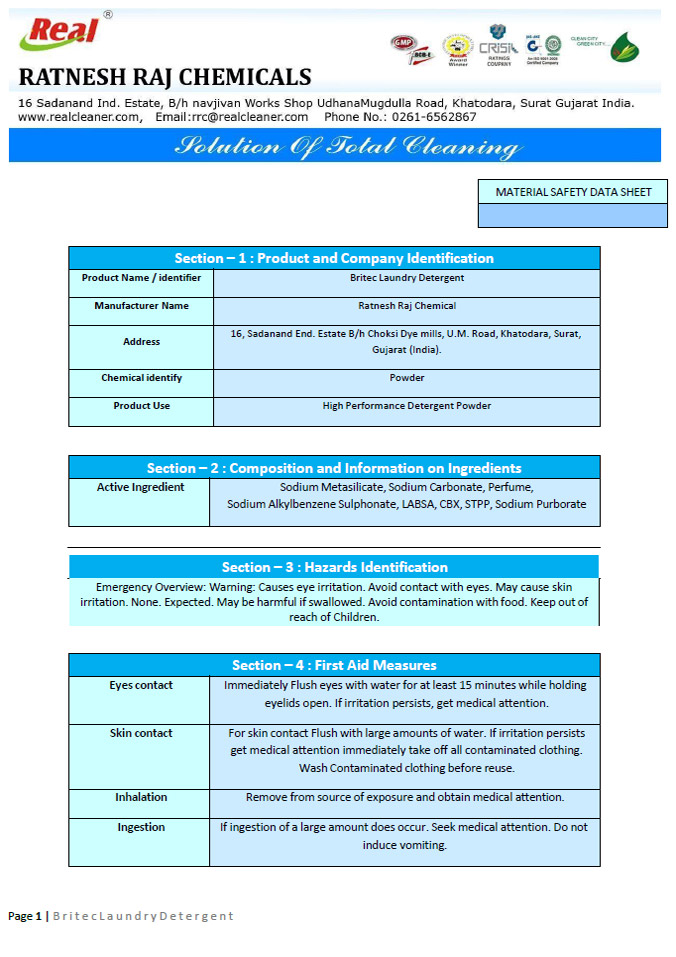 Britec Laundry Detergent MSDS Report