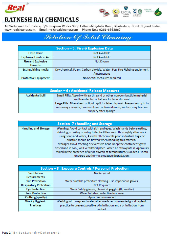 Britec Laundry Detergent MSDS Report