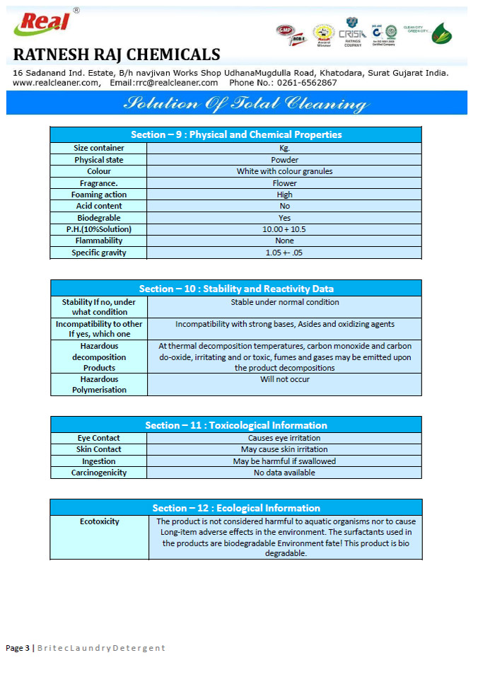 Britec Laundry Detergent MSDS Report