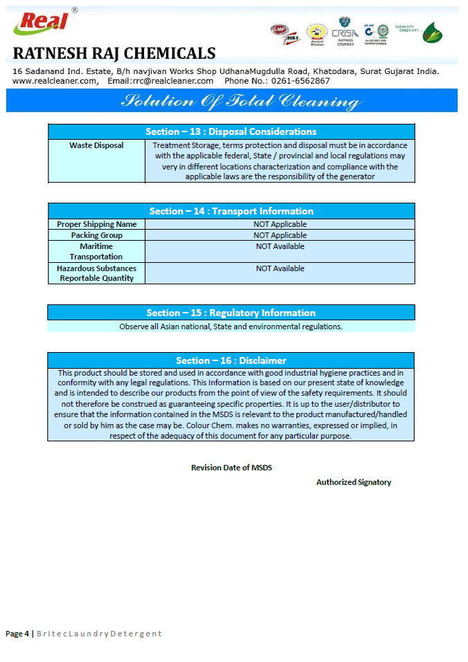 Britec Laundry Detergent MSDS Report