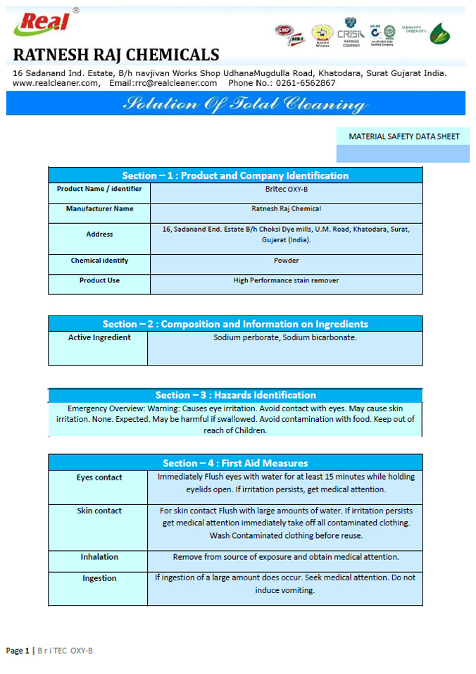 Britec Oxy B MSDS Report