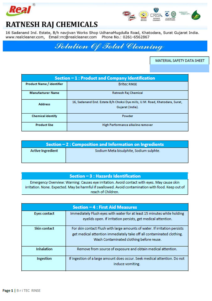 Britec Rinse MSDS Report