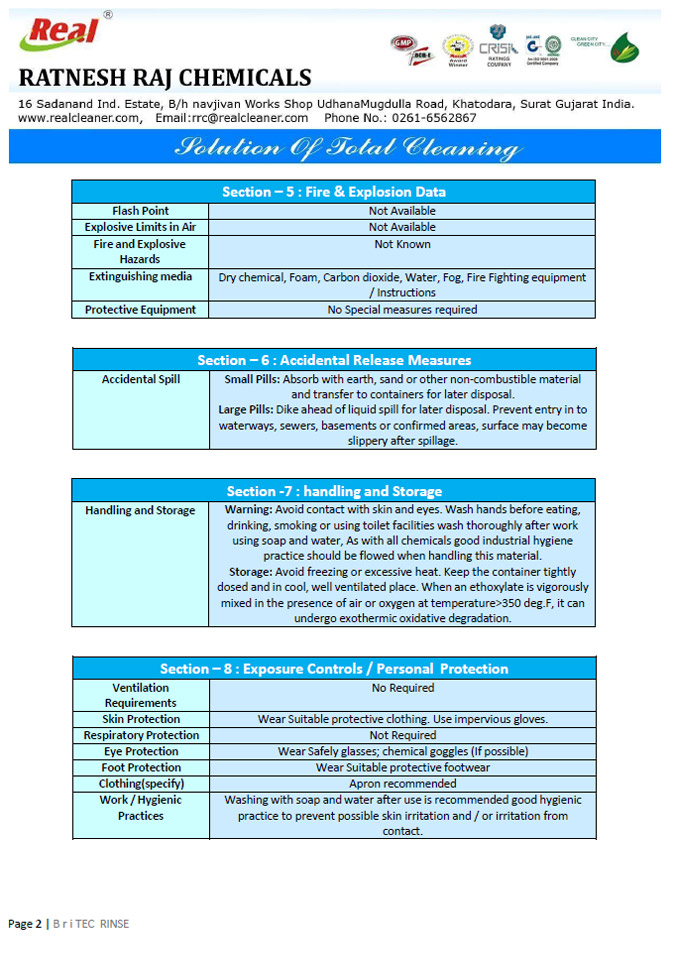 Britec Rinse MSDS Report