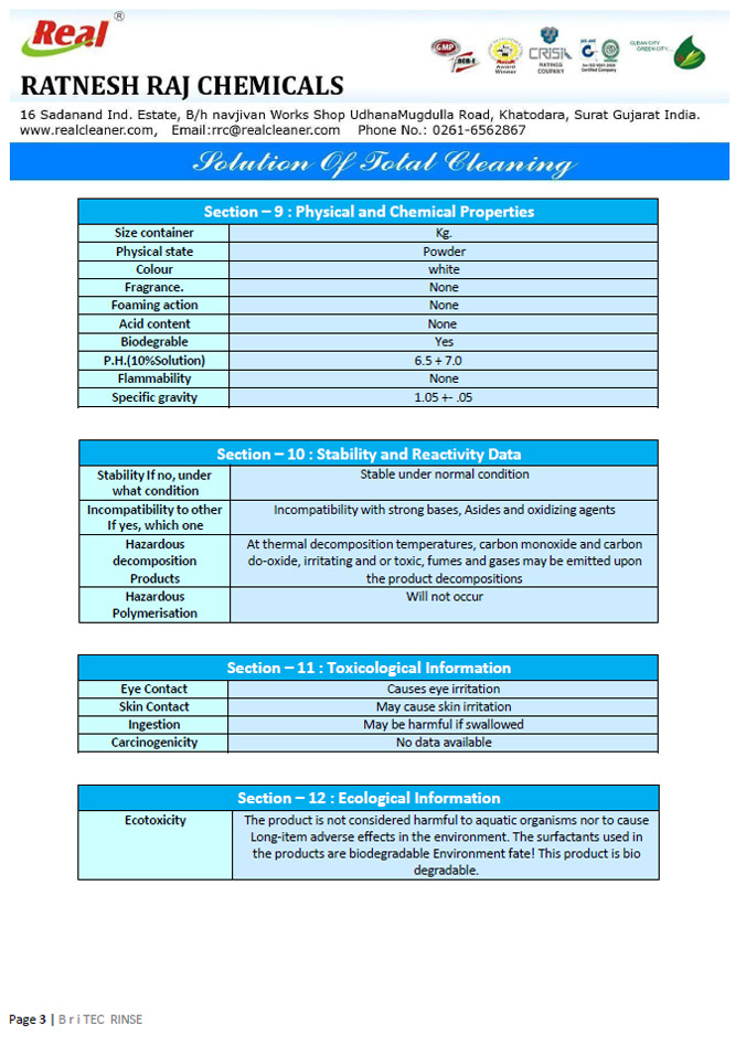 Britec Rinse MSDS Report