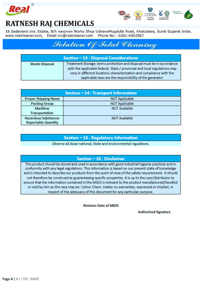 Britec Rinse MSDS Report