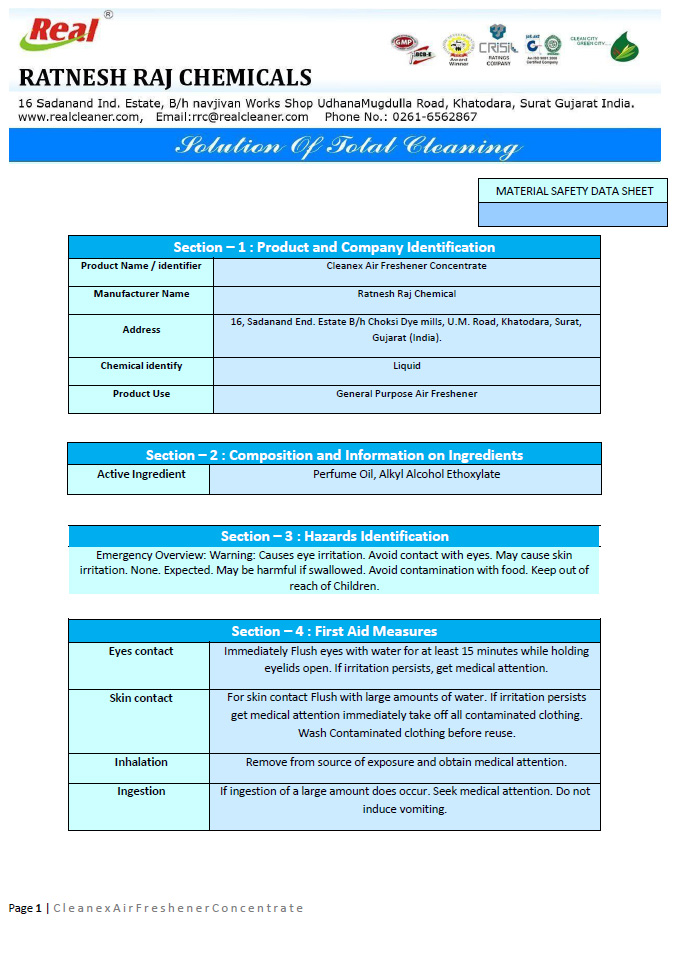 Air Freshner Concentrate MSDS Report