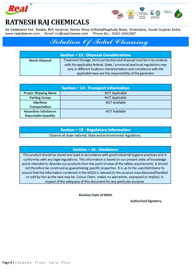Cleanex Floor Care Plus MSDS Report