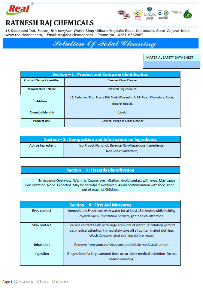 Cleanex Glass Cleaner MSDS Report
