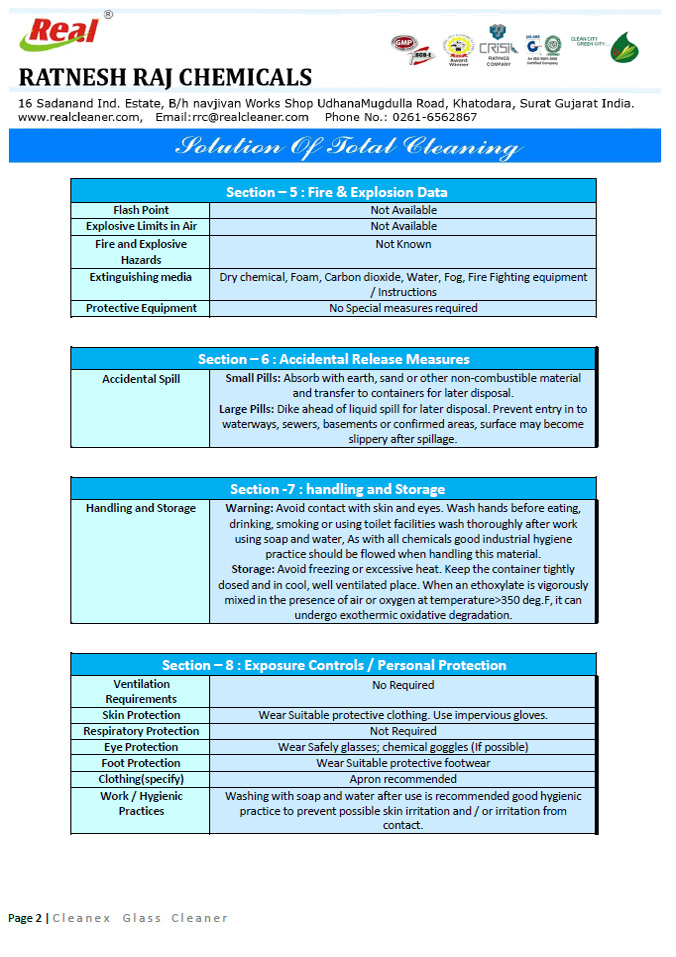 Cleanex Glass Cleaner MSDS Report