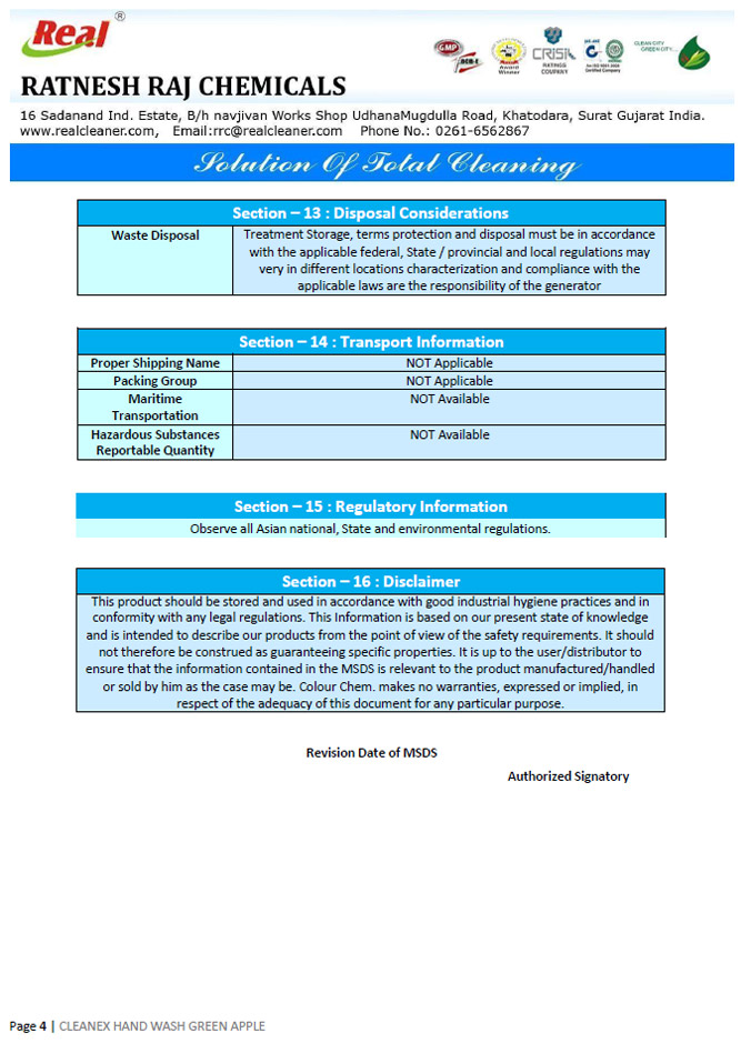 Cleanex Hand Wash Green Apple MSDS Report
