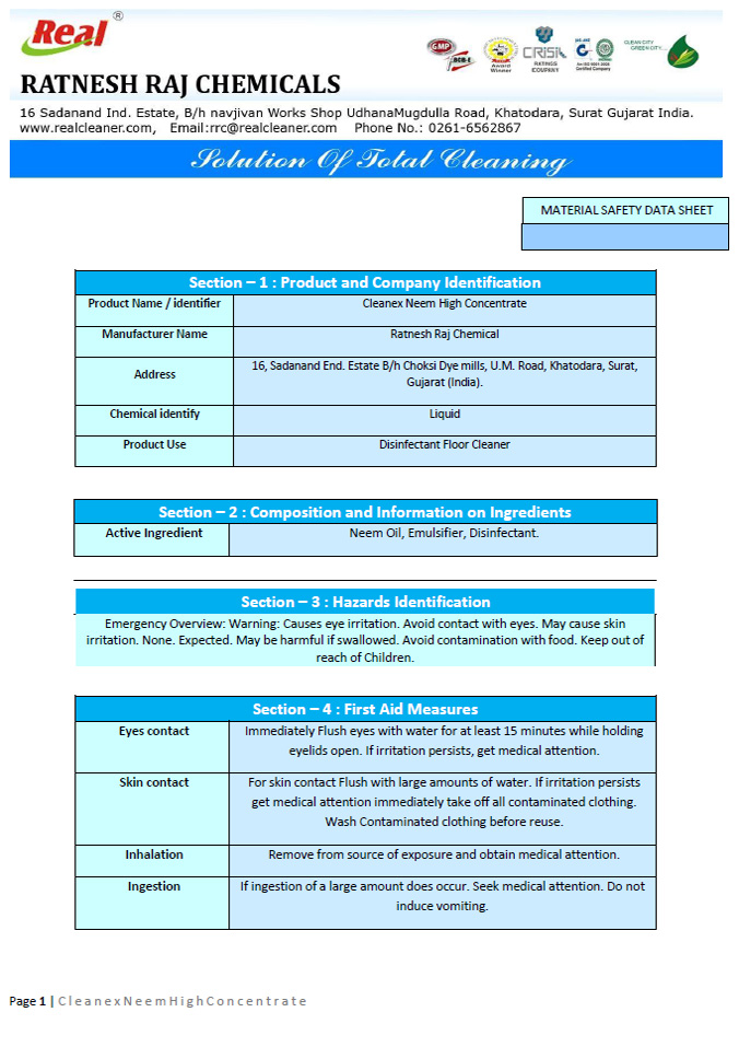 Neem High Concentrate MSDS Report