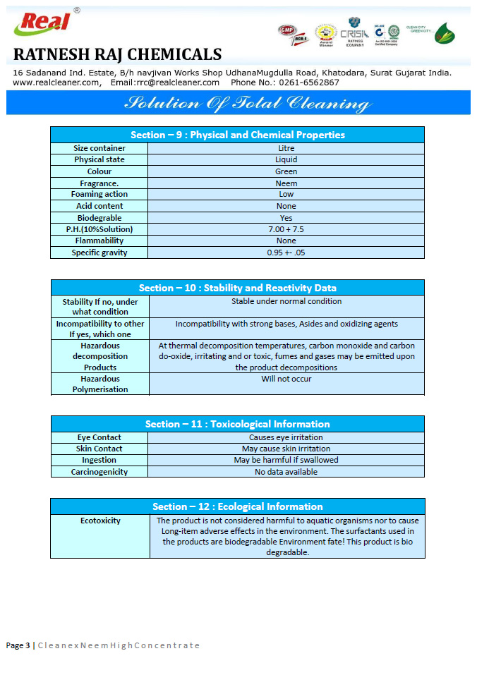 Neem High Concentrate MSDS Report