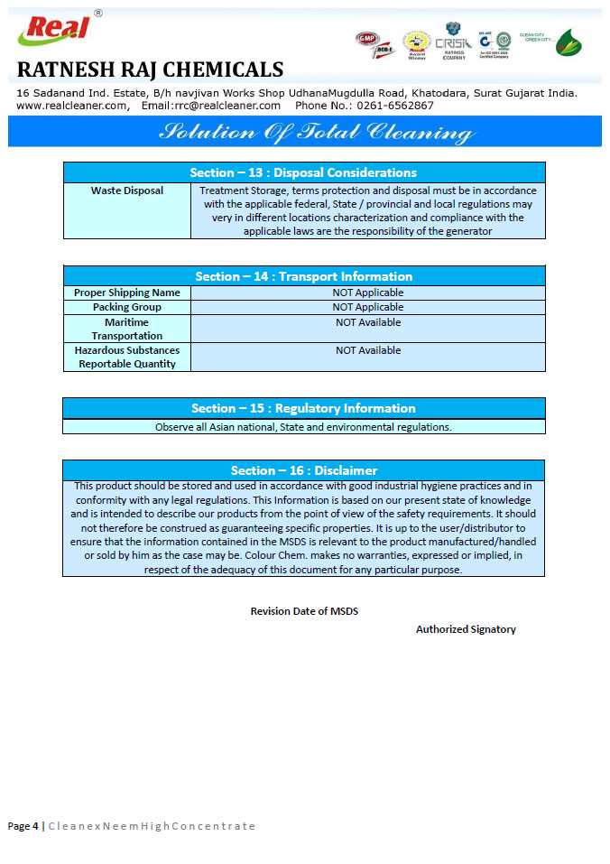 Neem High Concentrate MSDS Report