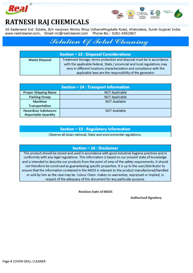 Cleanex Oven Grill Cleaner MSDS Report