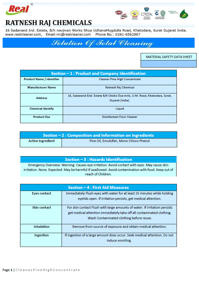 Cleanex Pine High Concentrate MSDS Report