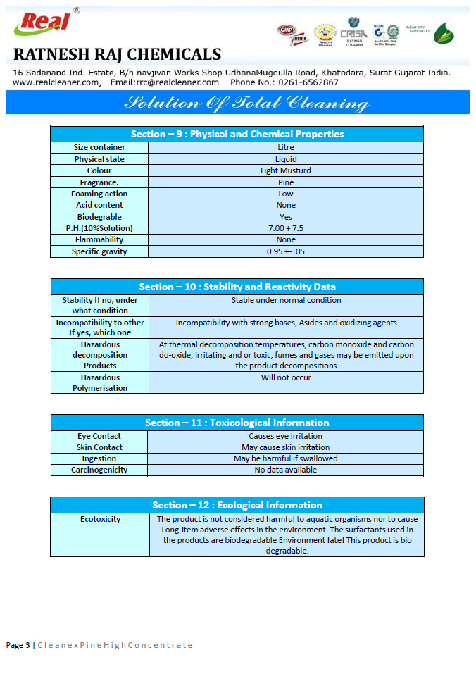 Cleanex Pine High Concentrate MSDS Report