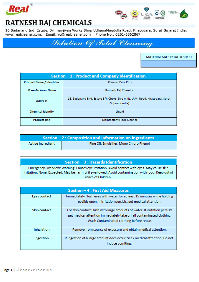 Cleanex Pine Plus MSDS Report