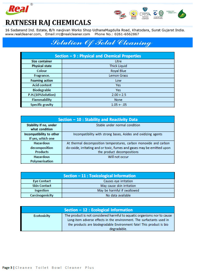 Cleanex Toilet Bowl Cleaner Plus MSDS Report