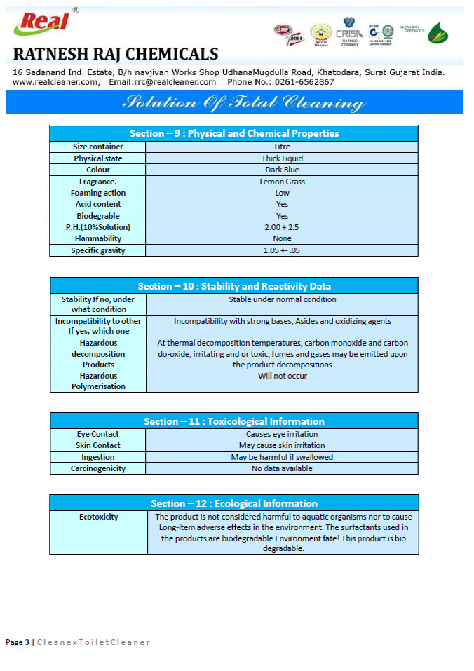 Toilet Cleaner MSDS Report