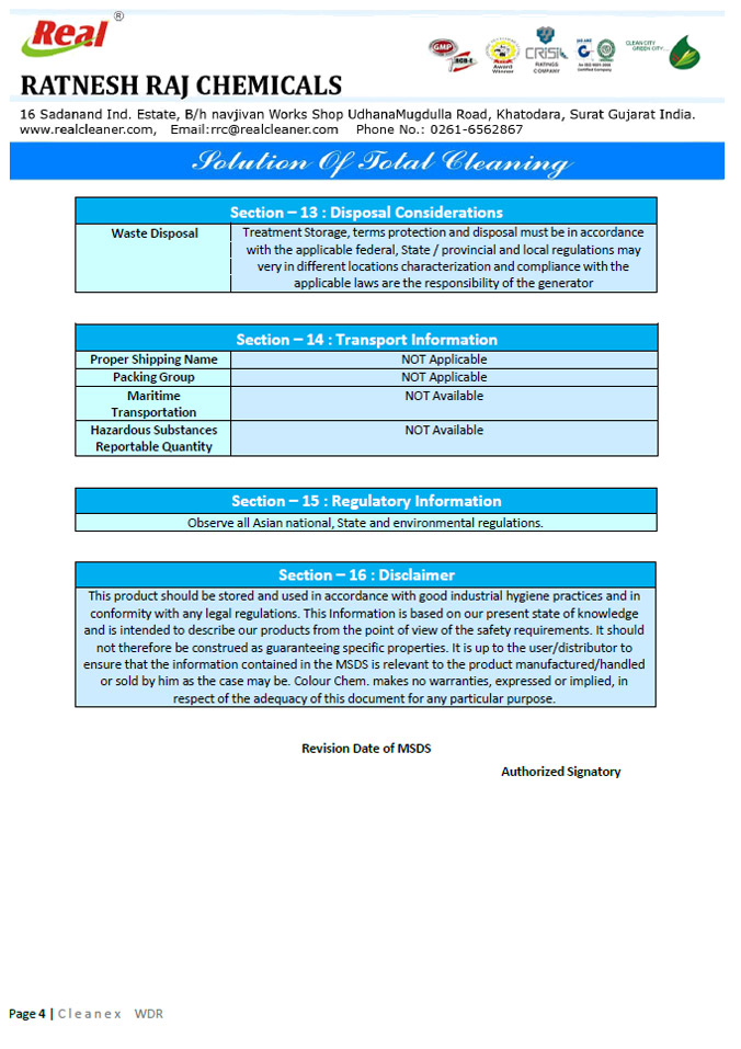Cleanex WDR MSDS Report