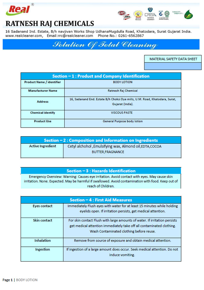 Body Lotion MSDS Report