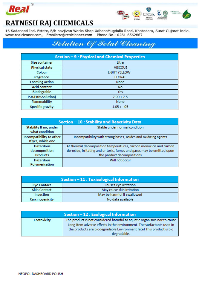 Neopol Dashboard Polish MSDS Report