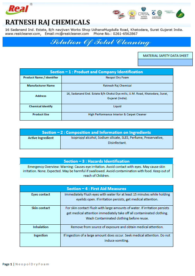 Neopol Dry Foam MSDS Report